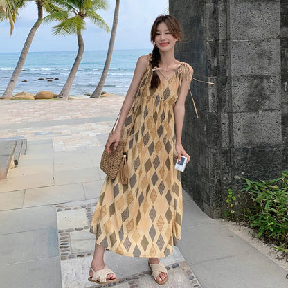 【ワンピース】夏  ビーチリゾート風  ダイヤモンドチェック ノースリーブキャミソールワンピース【SHシリーズ】