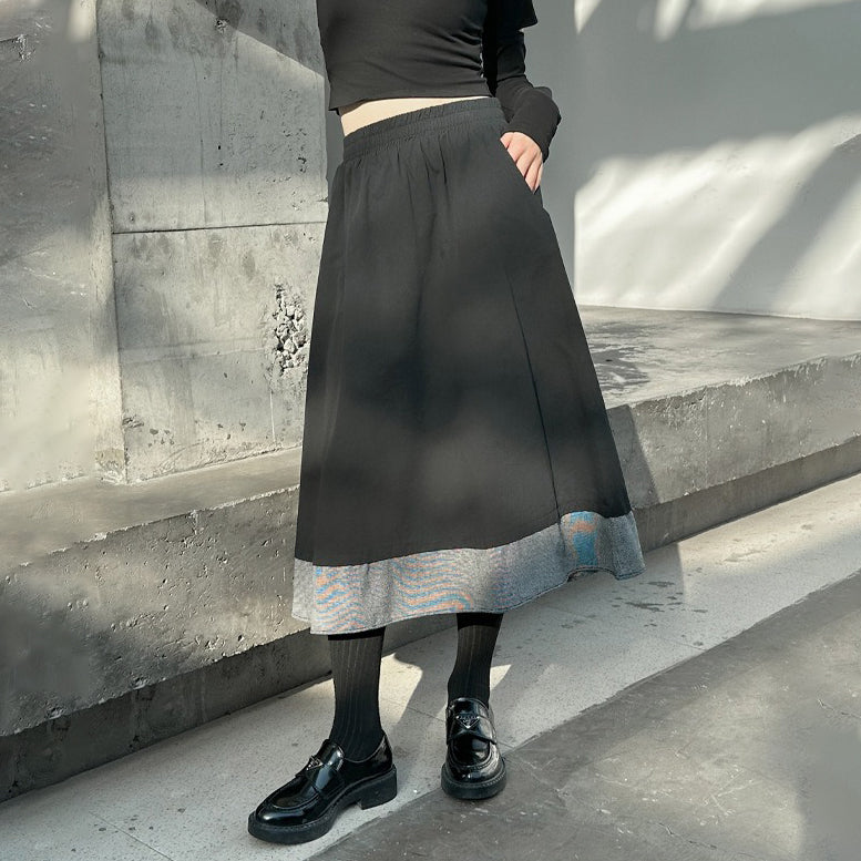 【ボトムス】秋冬 フレンチスタイル チェック柄 切り替え 配色 ブラック ミディ丈 Aライン フレアスカート ウエストゴム すっきり見え【JZシリーズ】