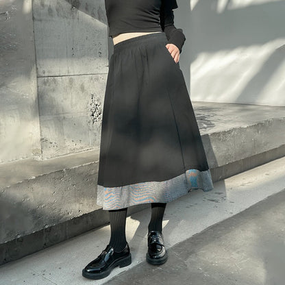 【ボトムス】秋冬 フレンチスタイル チェック柄 切り替え 配色 ブラック ミディ丈 Aライン フレアスカート ウエストゴム すっきり見え【JZシリーズ】