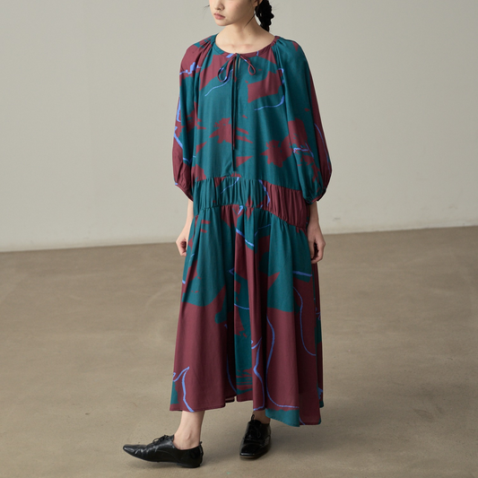 【ワンピース】春 秋 夏 レトロ ラウンドネック 花柄 長袖 ワンピース【SHシリーズ】