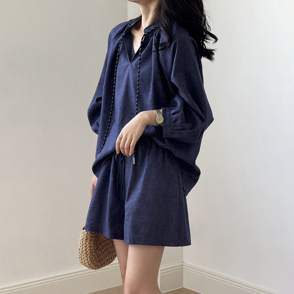 2点セット！【セットアップ】夏新作 フレンチヴィンテージ シャツ＋ワイドショートパンツ 2点上下セット【JZシリーズ】