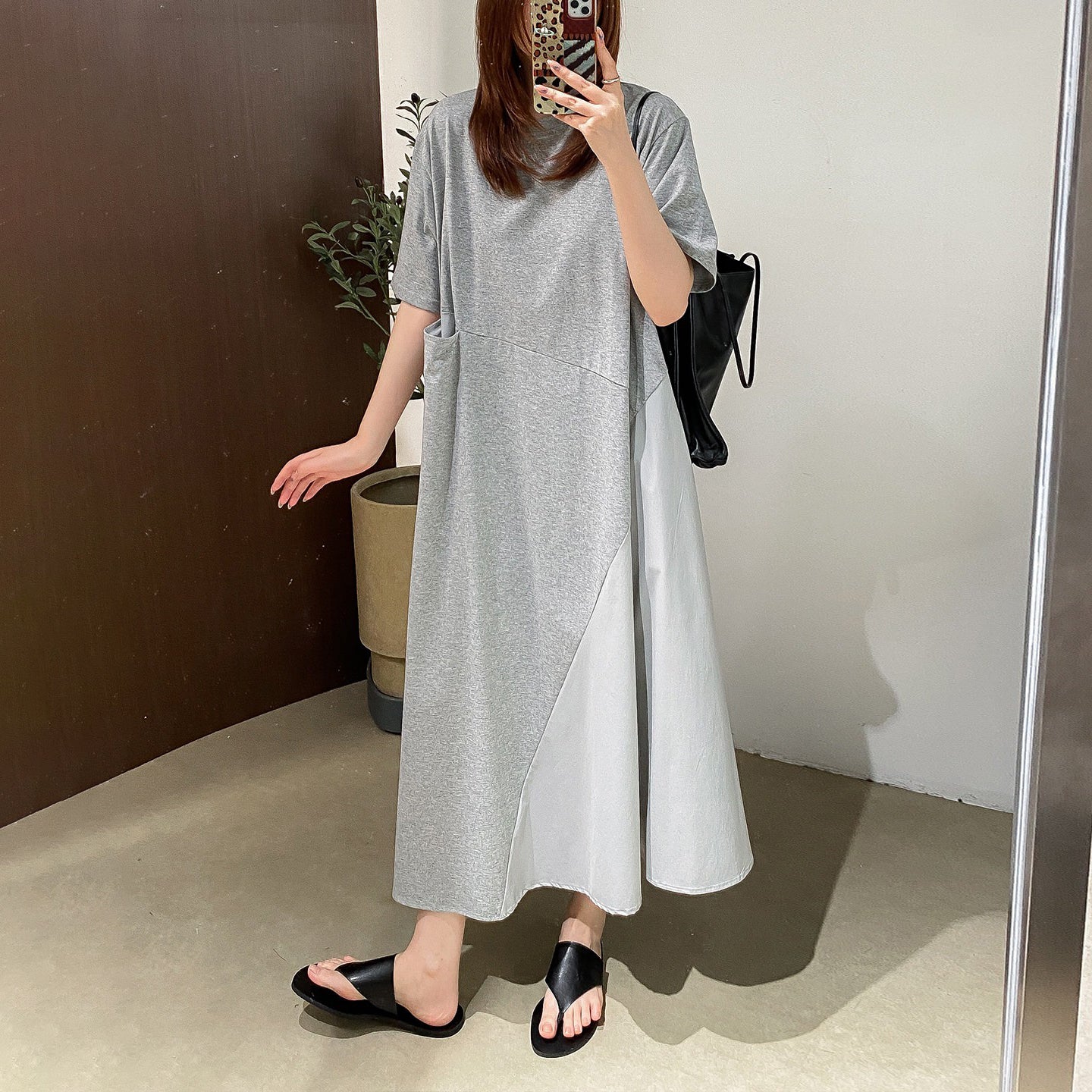 【ワンピース】カジュアル 斜め切替 シングルポケット 半袖Tシャツワンピース ゆったり ロング丈 夏新作【JZシリーズ】