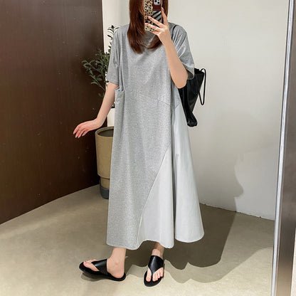 【ワンピース】カジュアル 斜め切替 シングルポケット 半袖Tシャツワンピース ゆったり ロング丈 夏新作【JZシリーズ】