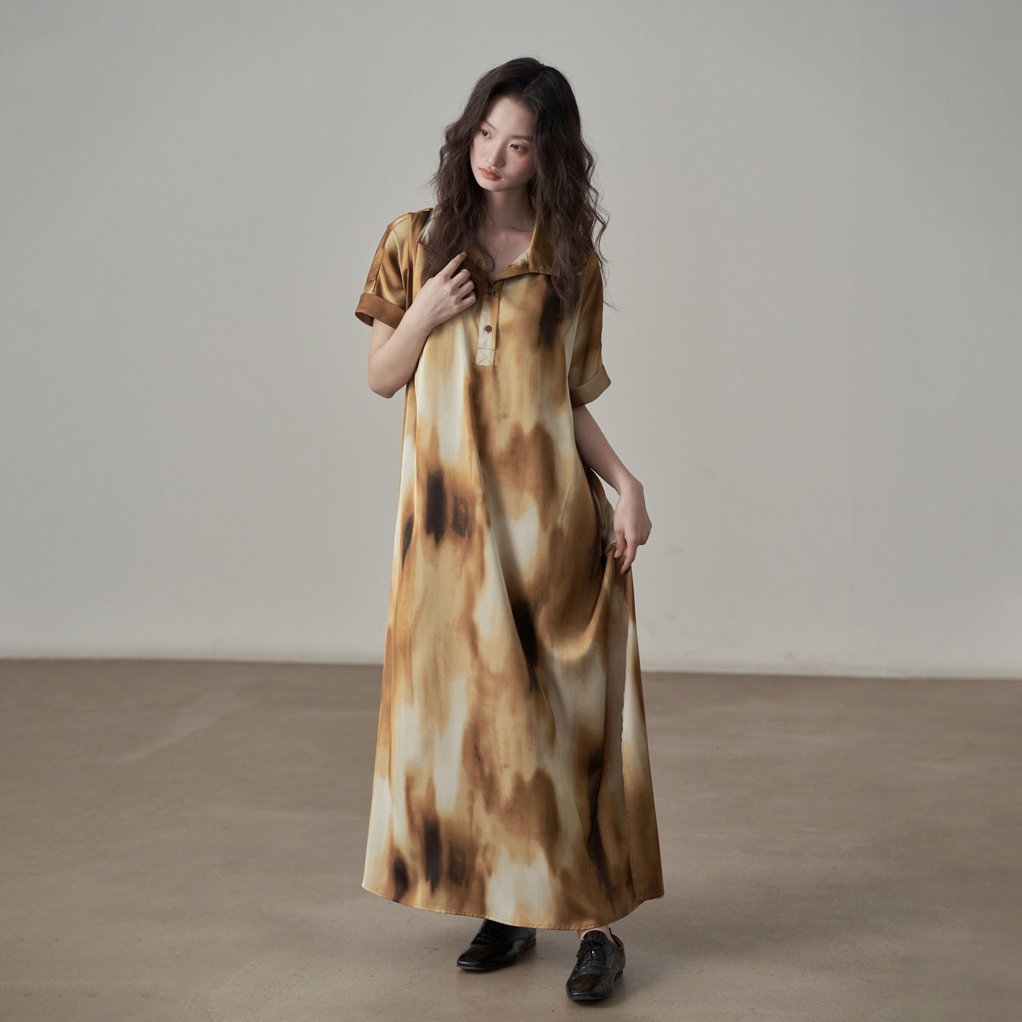 【ワンピース】新中式プリント 気品あるフィット感 ロング丈 半袖 シャツワンピース【SHシリーズ】