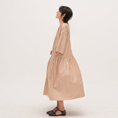 【ワンピース】夏新作 ストライプ切り替え ラウンドネックワンピース 七分袖 ゆったり着痩せロングドレス【JZシリーズ】【SHシリーズ】