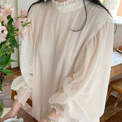 【ワンピース】韓国風 シック 春新作 スウィート フリルネック シアー感 ドット柄 バルーンスリーブ 長袖ワンピース【JZシリーズ】