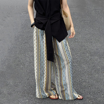 【ボトムス】リゾート風 カジュアルパンツ ハイウエスト ワイドシルエット 薄手 パンツ 美脚見え効果【SHシリーズ】