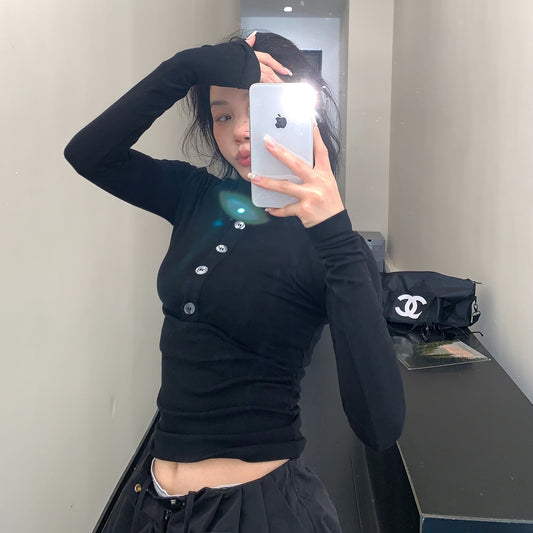 【トップス】春 秋 冬 スリム ショート丈 スタンドカラー 長袖 Ｔシャツ 【FCシリーズ】