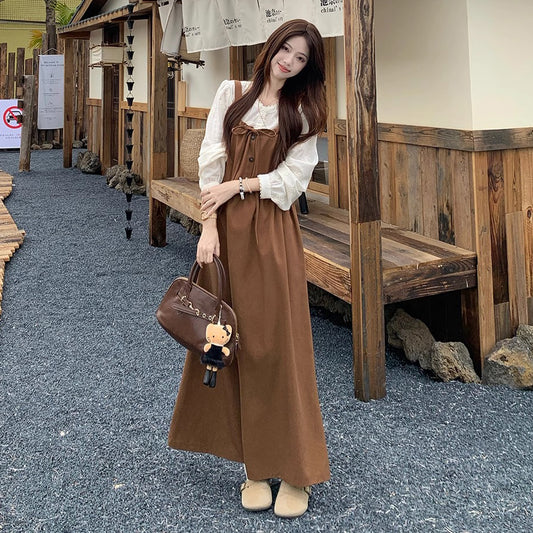 【ワンピース】秋冬 高見え レトロ キャミワンピース レディース 着痩せ ハイウエスト ロング丈 長袖ワンピース【JZシリーズ】