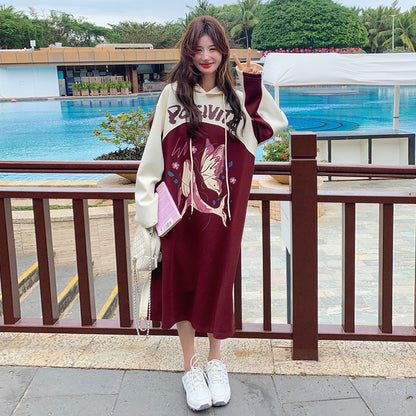 【ワンピース】韓国風カジュアル 配色 長袖スウェットワンピース レディース 春秋 人気 ゆったりフード付きロングワンピース【JZシリーズ】