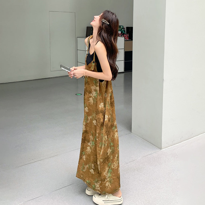 【ボトムス】エスニック調フラワープリント 夏新作 高級感 高見え ハイウエスト落ち感 オールインワン【SHシリーズ】