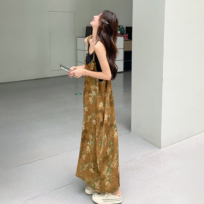 【ボトムス】エスニック調フラワープリント 夏新作 高級感 高見え ハイウエスト落ち感 オールインワン【SHシリーズ】