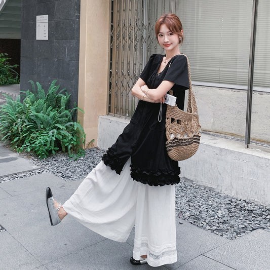 2点セット！【セットアップ】リラックス感  セットアップ フリル Vネックトップス＋ワイドパンツ 上下セット 気質よく細見えカジュアルスタイル【JZシリーズ】