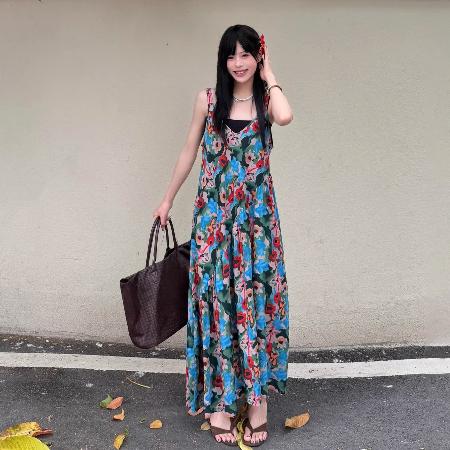 【ワンピース】レトロ キャミワンピース レディース 夏 ゆったり ノースリーブ フレアロング丈 体型カバー リネン風 人気 アートコーデ【SHシリーズ】