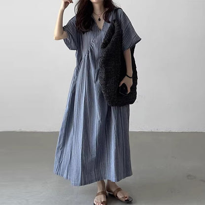 【ワンピース】【JZシリーズ】Vネック 半袖ワンピース｜レトロな雰囲気×楽ちんポケット付きロング丈・ゆったりシルエット