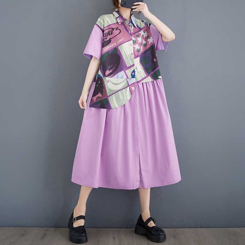 【ワンピース】プリント ワンピース 半袖 膝下 ゆったり ゆるシルエット 切替 痩せ見え 大きいサイズ レディース 夏 楽ちん 快適【SHシリーズ】