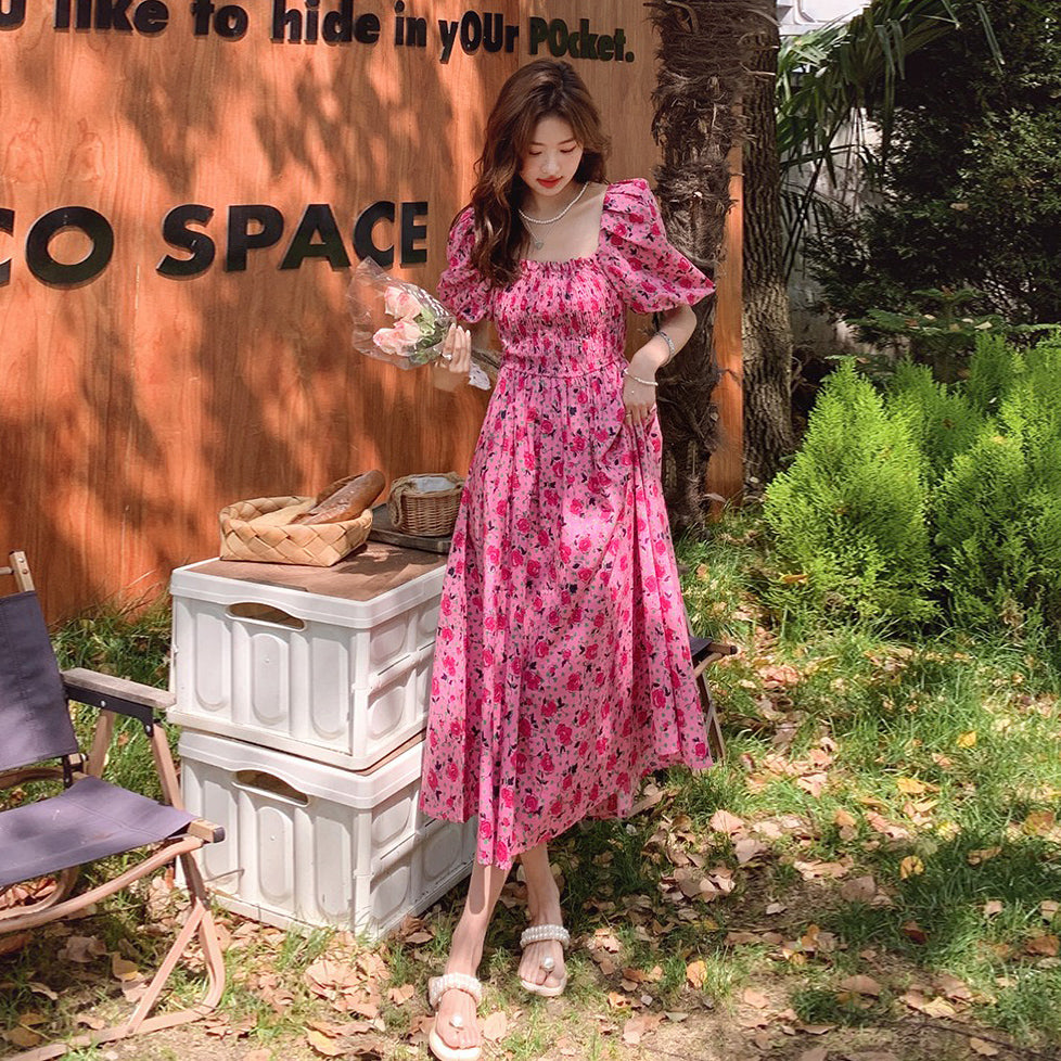 【ワンピース】夏 フレンチエレガンス ゆったりスクエアネック パフスリーブ シェイプアップ 半袖フラワープリントワンピース【SHシリーズ】