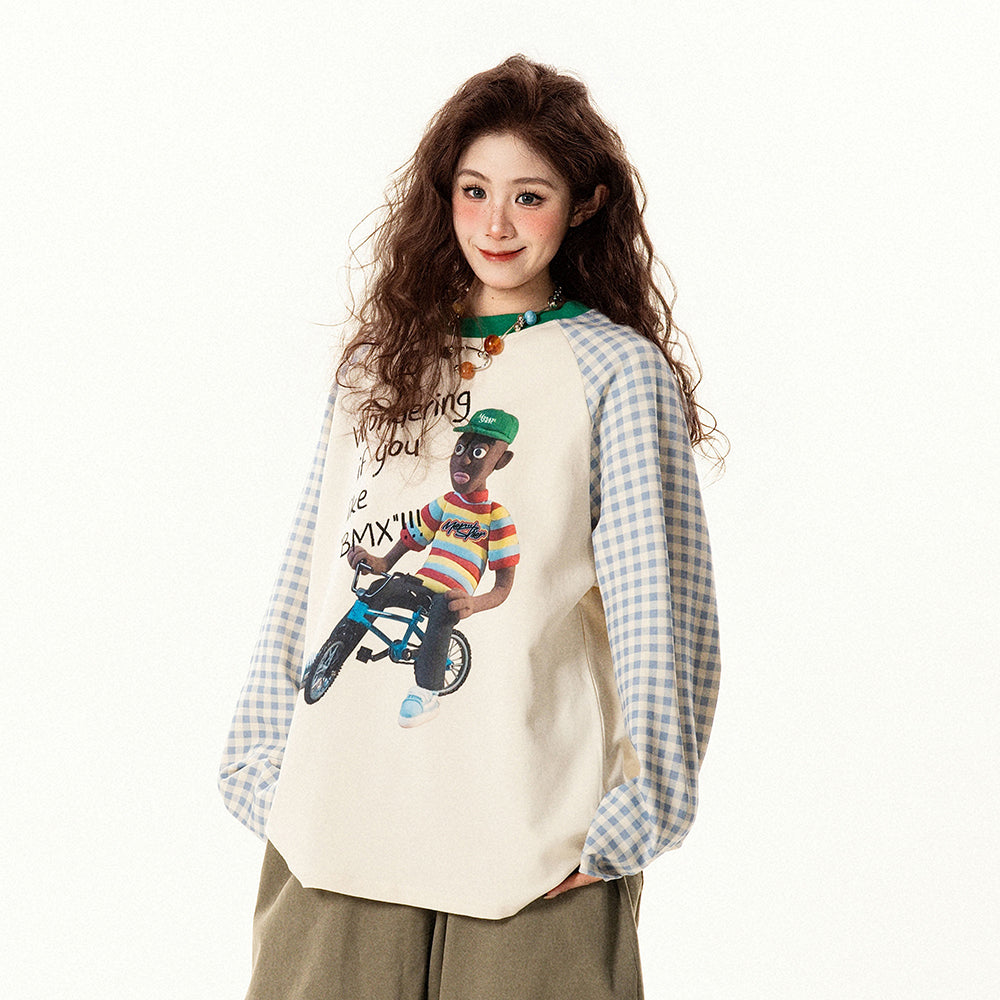 【トップス】レトロデザイン チェック切替 ラグラン長袖Tシャツ レディース ゆったり カジュアル【FCシリーズ】【15〜20日発送】