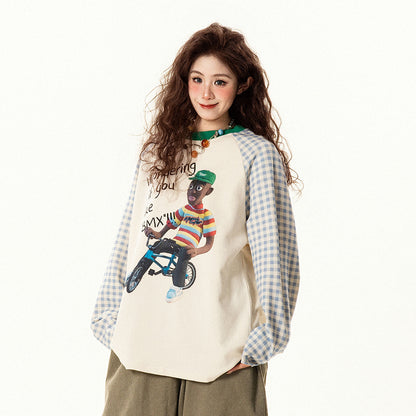 【トップス】レトロデザイン チェック切替 ラグラン長袖Tシャツ レディース ゆったり カジュアル【FCシリーズ】【15〜20日発送】