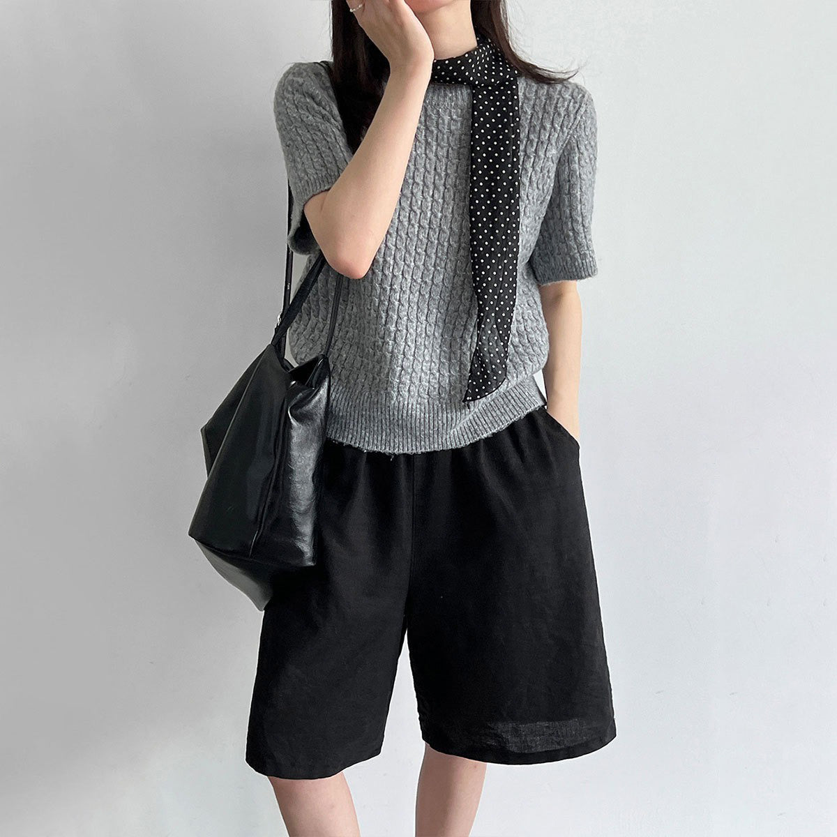 【トップス】韓国系 ニットTシャツ レディース 編み柄デザイン 半袖 細見え シンプルブラウス【JZシリーズ】