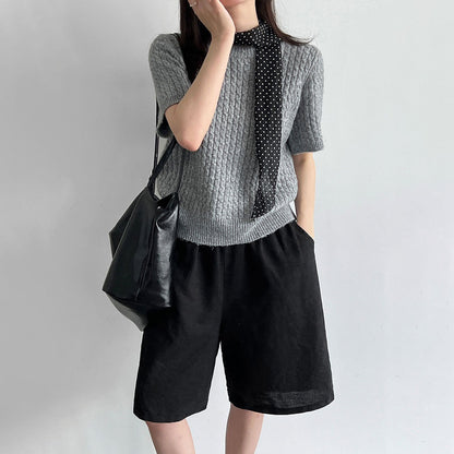 【トップス】韓国系 ニットTシャツ レディース 編み柄デザイン 半袖 細見え シンプルブラウス【JZシリーズ】
