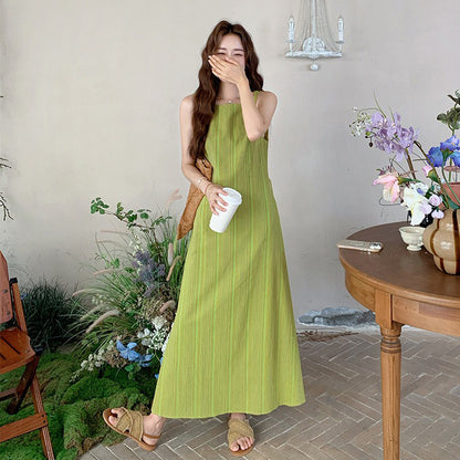 【ワンピース】ライムグリーン ストライプ 配色 ノースリーブキャミワンピース ウエストマーク マキシ丈 夏【JZシリーズ】