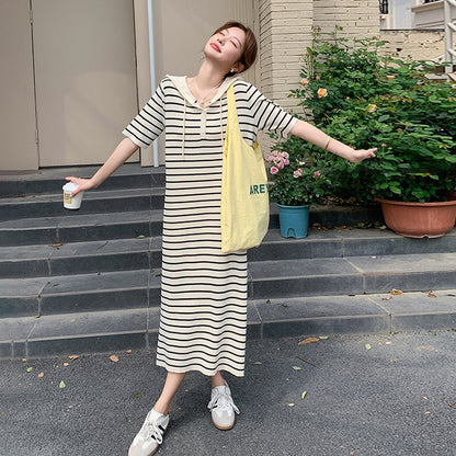 【ワンピース】透かし編みフード付きニットストライプ 半袖ワンピース レディース 夏 学院風 韓国風コーデ 【SHシリーズ】