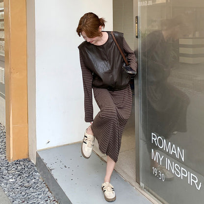 2点セット！【セットアップ】マラード風 おしゃれ レザーベスト＋ストライプワンピース セットアップ  春秋 韓国風 学院風【JZシリーズ】