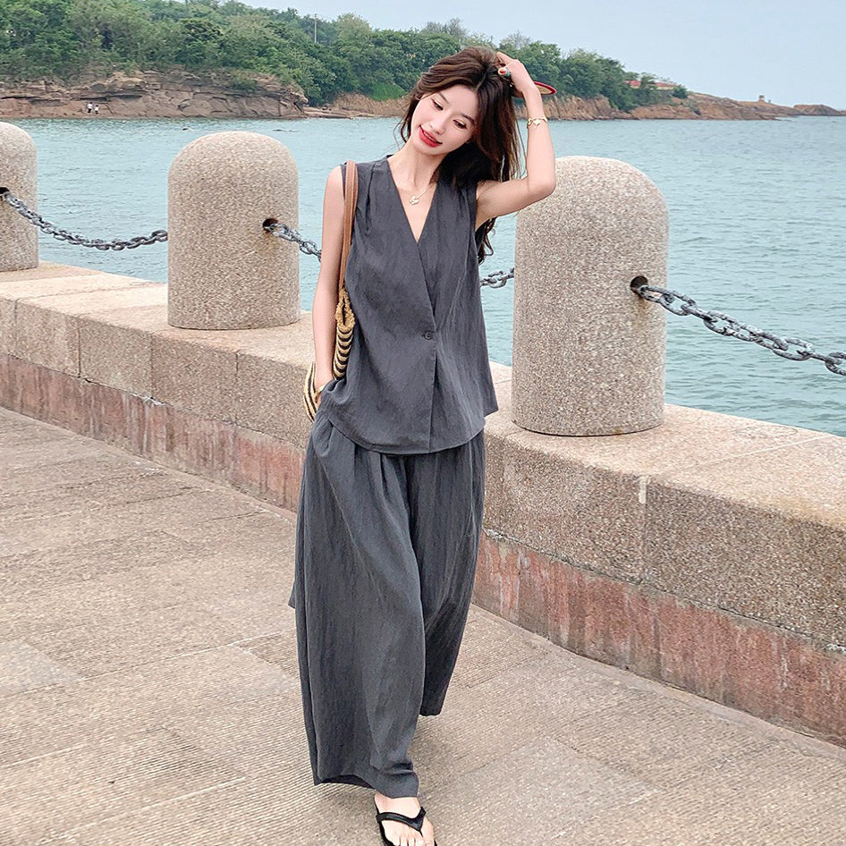 2点セット！【セットアップ】夏 韓国風 通勤 高級感 ジレ＋ワイドパンツ 上下セット【SNシリーズ】【JZシリーズ】