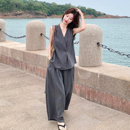 2点セット！【セットアップ】夏 韓国風 通勤 高級感 ジレ＋ワイドパンツ 上下セット【SNシリーズ】【JZシリーズ】