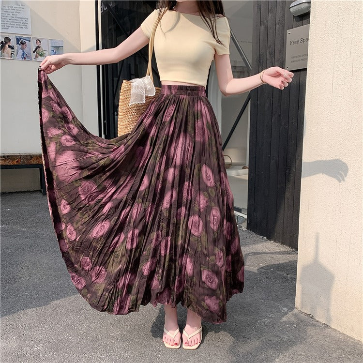 【ボトムス】ウエストゴム コーデしやすい ハイウエスト ロングスカート プリーツ 脚長効果Aラインスカート【SHシリーズ】