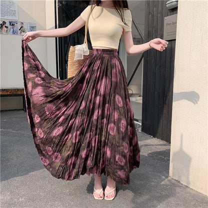 【ボトムス】ウエストゴム コーデしやすい ハイウエスト ロングスカート プリーツ 脚長効果Aラインスカート【SHシリーズ】