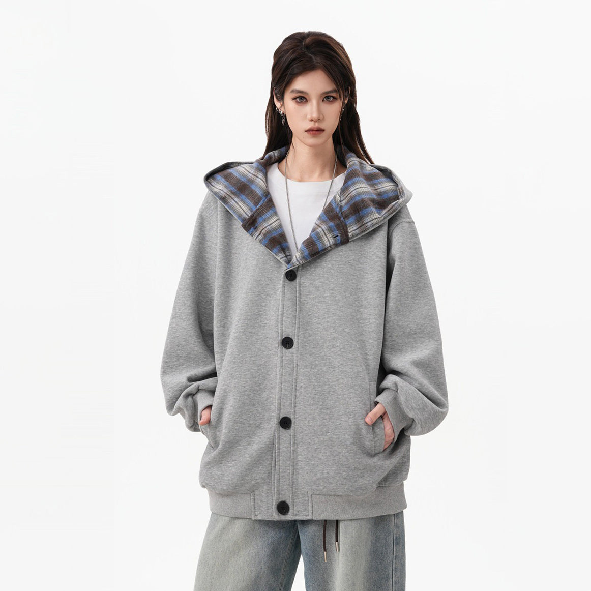 【アウター】アメリカンチェック切り替え ジップスウェットパーカー レディース 男女兼用 春 ヘビーウェイト ルーズシルエット スポーツジャケット レトロ学院風 フード付き【FCシリーズ】