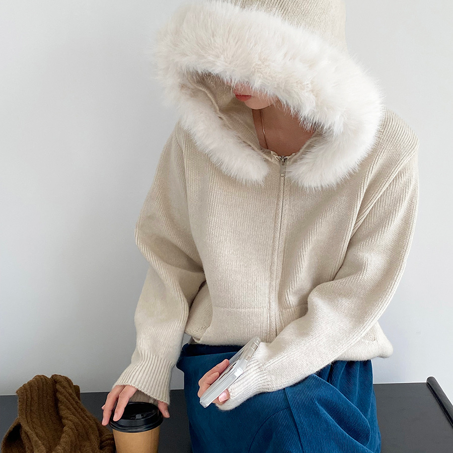 【アウター】取り外し可能ファー付き フードジップニットアウター 冬 韓国風 カジュアル ゆったりカーディガン【JZシリーズ】