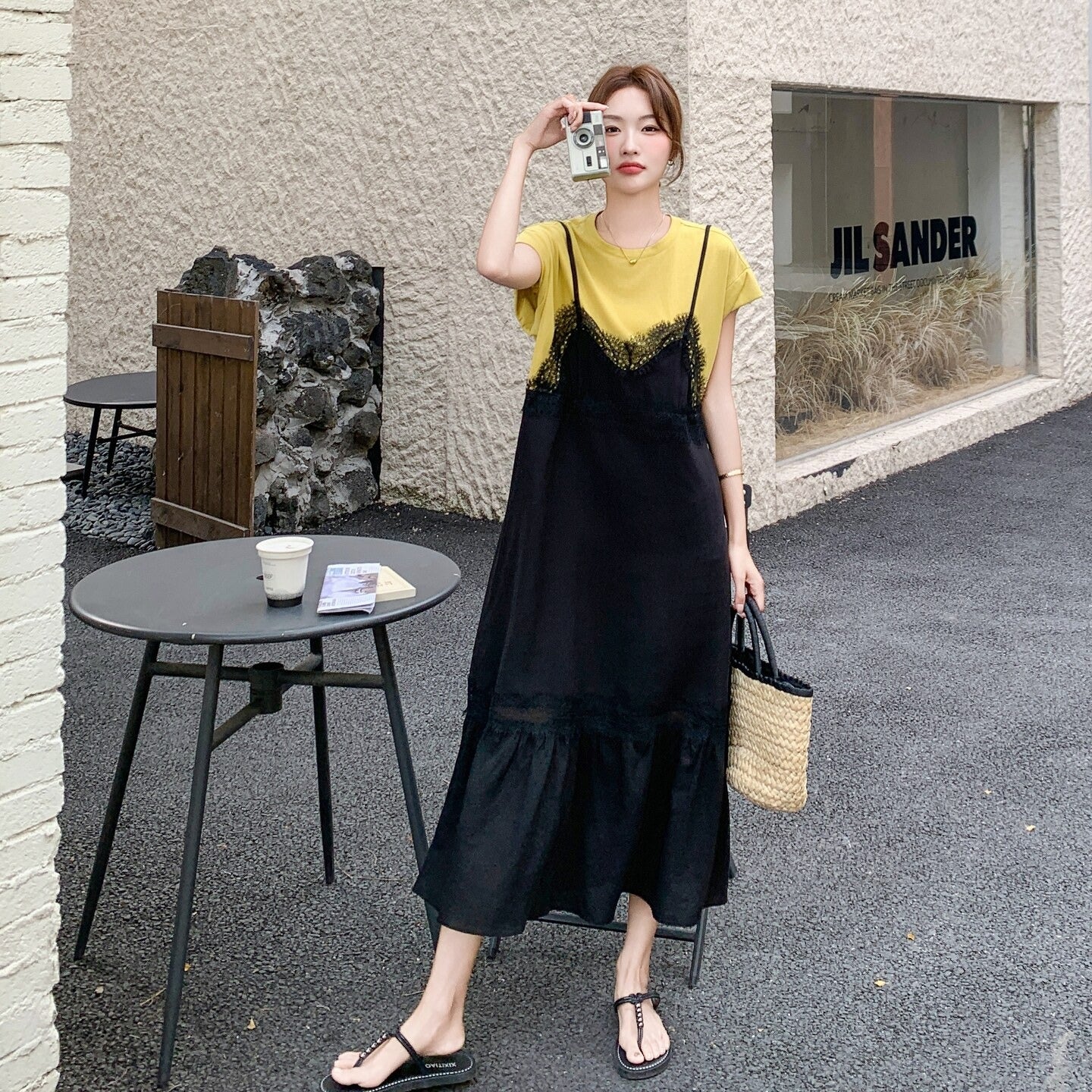 【ワンピース】レース ワンピース レディース 夏 レイヤード風 半袖 ロングワンピース 細見え 人気 韓国風 デザインワンピース【JZシリーズ】