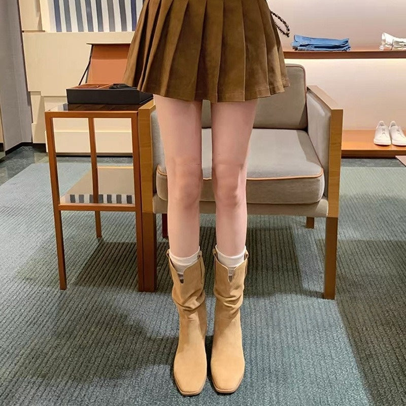 【シューズ】春 秋 冬 ラウンドトゥ チャンキーヒール 脚長効果 くしゅくしゅデザイン マーチンブーツ 【JZシリーズ】