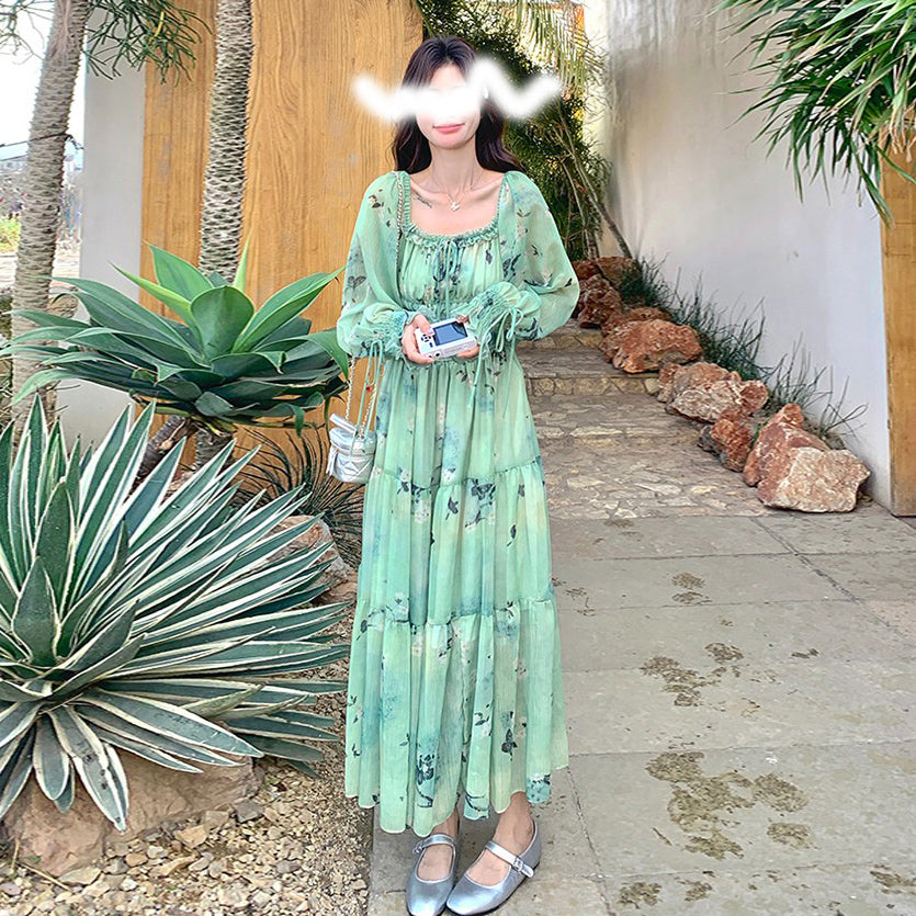 【ワンピース】超美 春夏秋 高級感 フリル付き プリント 長袖ワンピース【SHシリーズ】