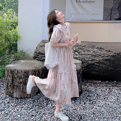 【ワンピース】夏 フレンチカントリー風 ラウンドネック パフスリーブ フラワープリント 半袖ワンピース【SHシリーズ】