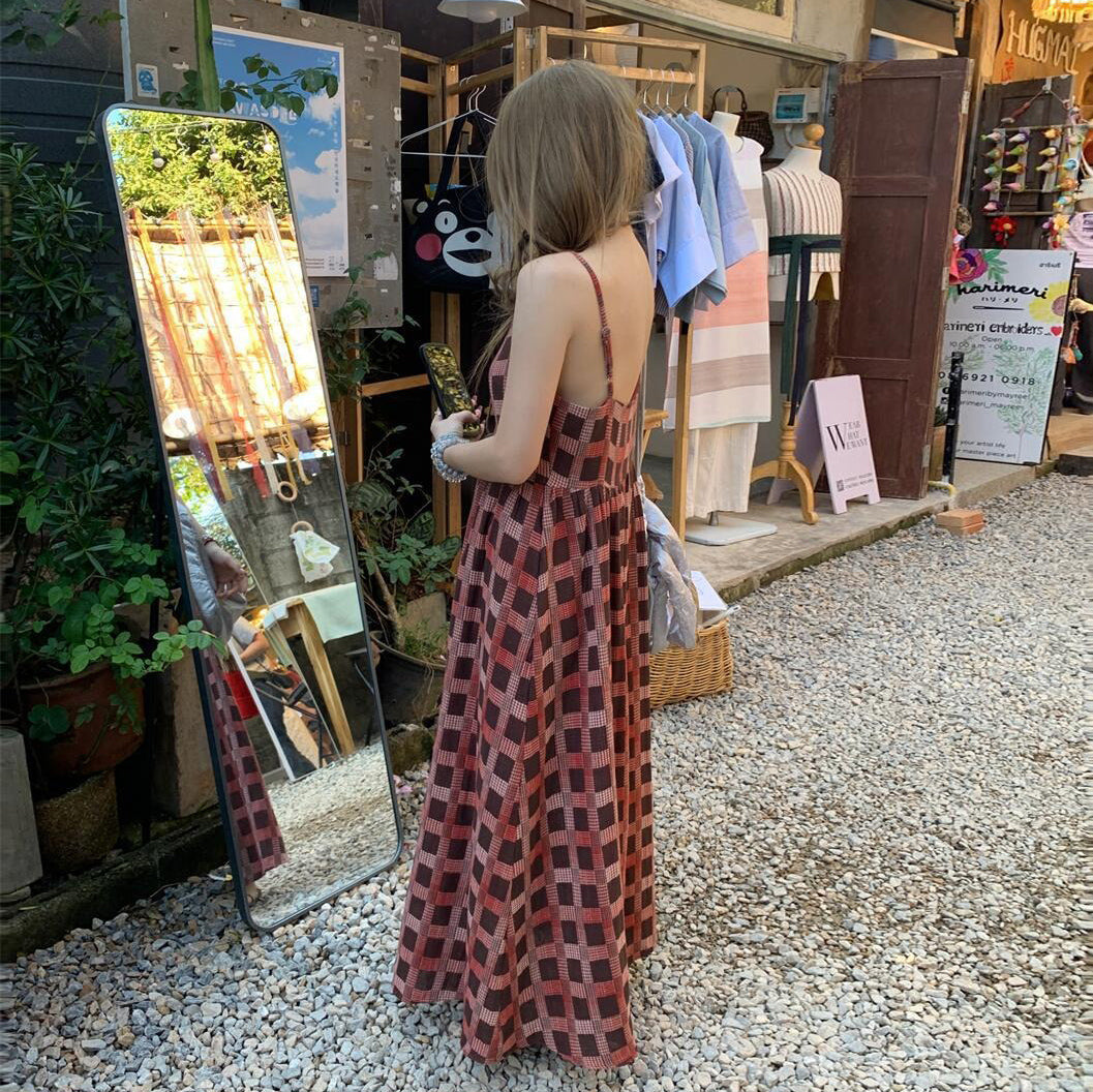 【ワンピース】気質 細見え ゆったり シルエットレトロ チェック柄 ノースリーブワンピース【SHシリーズ】