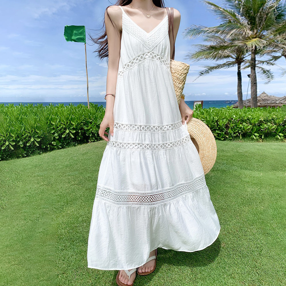 【ワンピース】リゾート風 ホワイト Vネック キャミワンピース 夏 レディース ゆったり ノースリーブロングドレス【JZシリーズ】