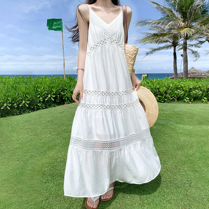 【ワンピース】リゾート風 ホワイト Vネック キャミワンピース 夏 レディース ゆったり ノースリーブロングドレス【JZシリーズ】