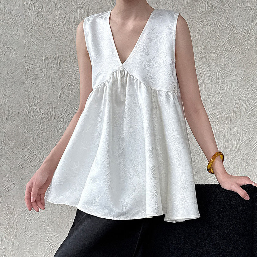【トップス】重工サテン刺繍 Vネック ベスト 夏 高級感 ノースリーブシャツ【SNシリーズ】