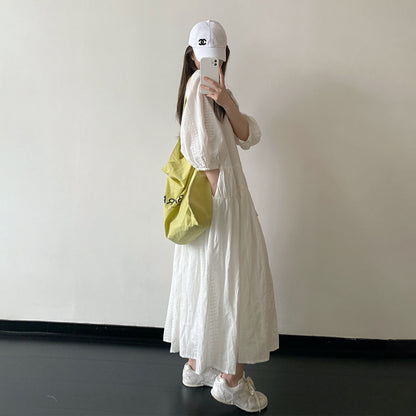 【ワンピース】レディース ホワイト 長袖 ワンピース フレンチリゾート レースアップ デザイン ロングワンピース テクスチャー素材 上品 きれいめ 夏【FCシリーズ】