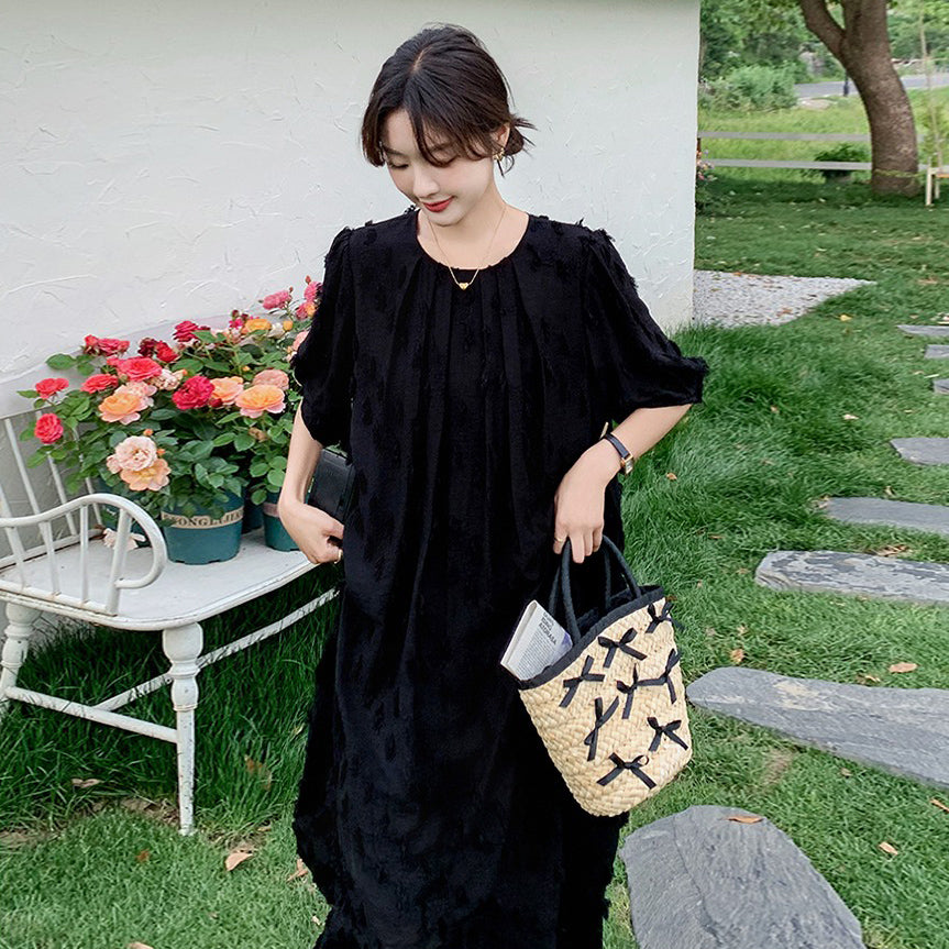 【ワンピース】切り替え 夏新作 ヘップバーン風 シンプルゆったり 半袖ワンピース