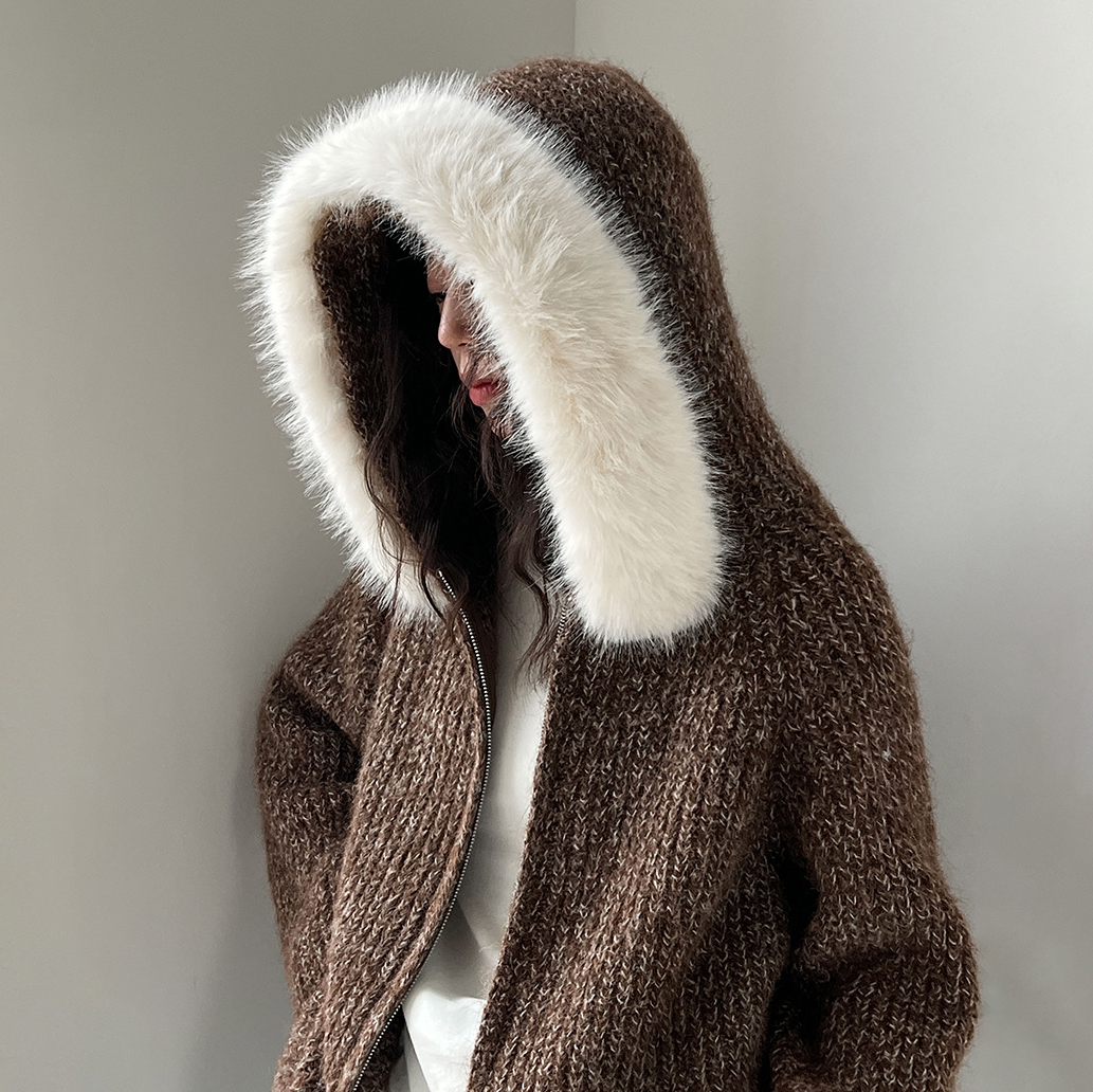 【アウター】ニットカーディガン レディース 秋冬 ふんわり 取り外し可能ファー付き【JZシリーズ】