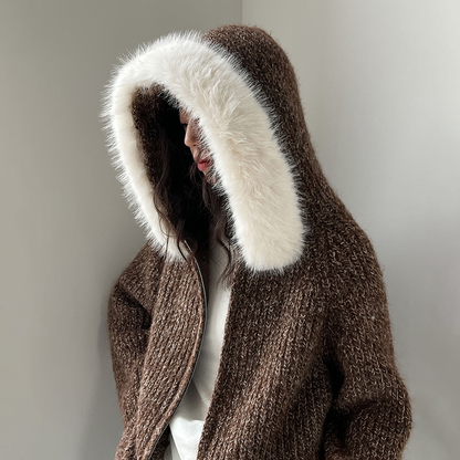 【アウター】ニットカーディガン レディース 秋冬 ふんわり 取り外し可能ファー付き【JZシリーズ】