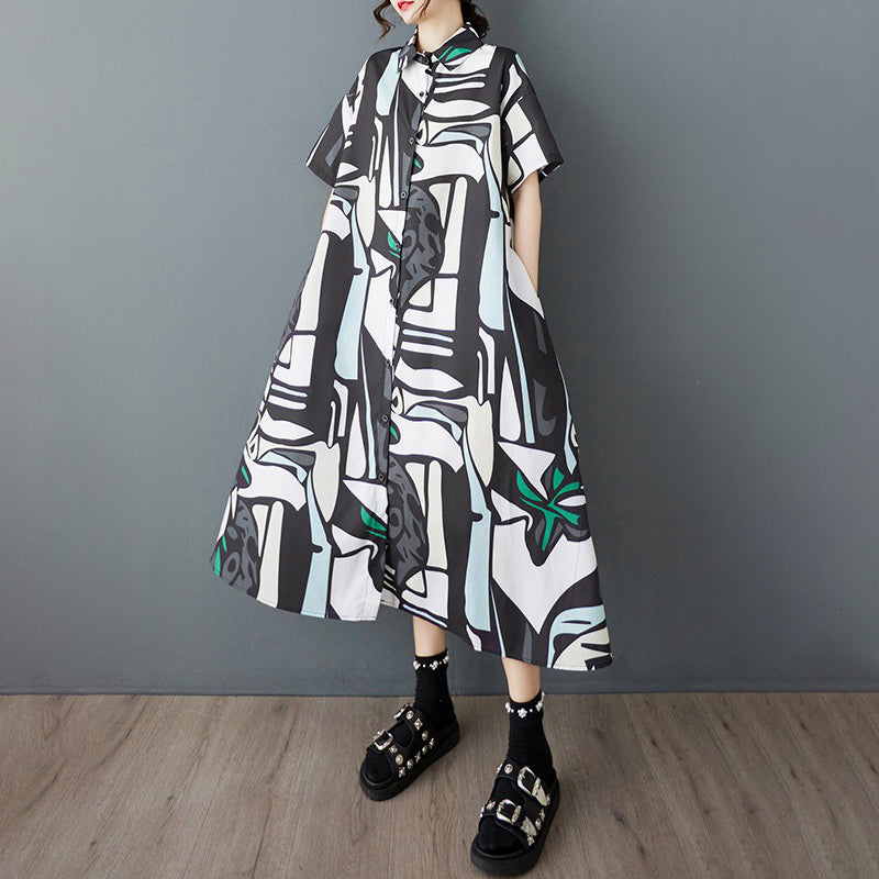 【ワンピース】韓国風 大きいサイズ レディース 夏新作 半袖 花柄 シャツワンピース ゆったりシルエット 着痩せ ミディ丈【SHシリーズ】