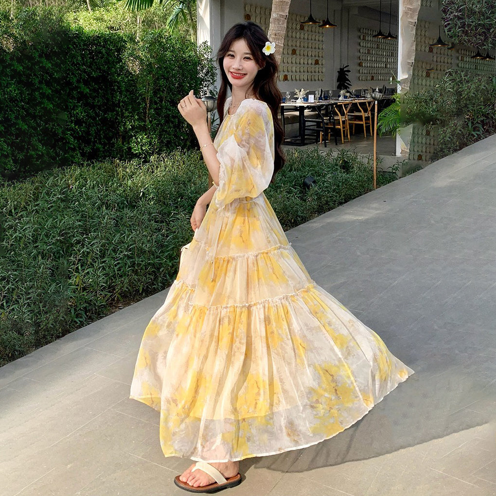 【ワンピース】花柄 長袖ワンピース  レディース 高級感 細見え リゾート風 フェミニン ロングビーチドレス【SHシリーズ】