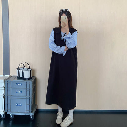 【ワンピース】韓国風Vネック配色切替レイヤード風ワンピース レディース 秋冬新作 ノースリーブ ロング丈 ゆったり きれいめ 通勤【JZシリーズ】