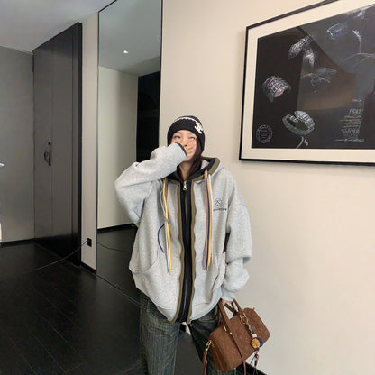 【アウター】カラフル ドローコード レイヤード風 フード付き ジャケット【FCシリーズ】